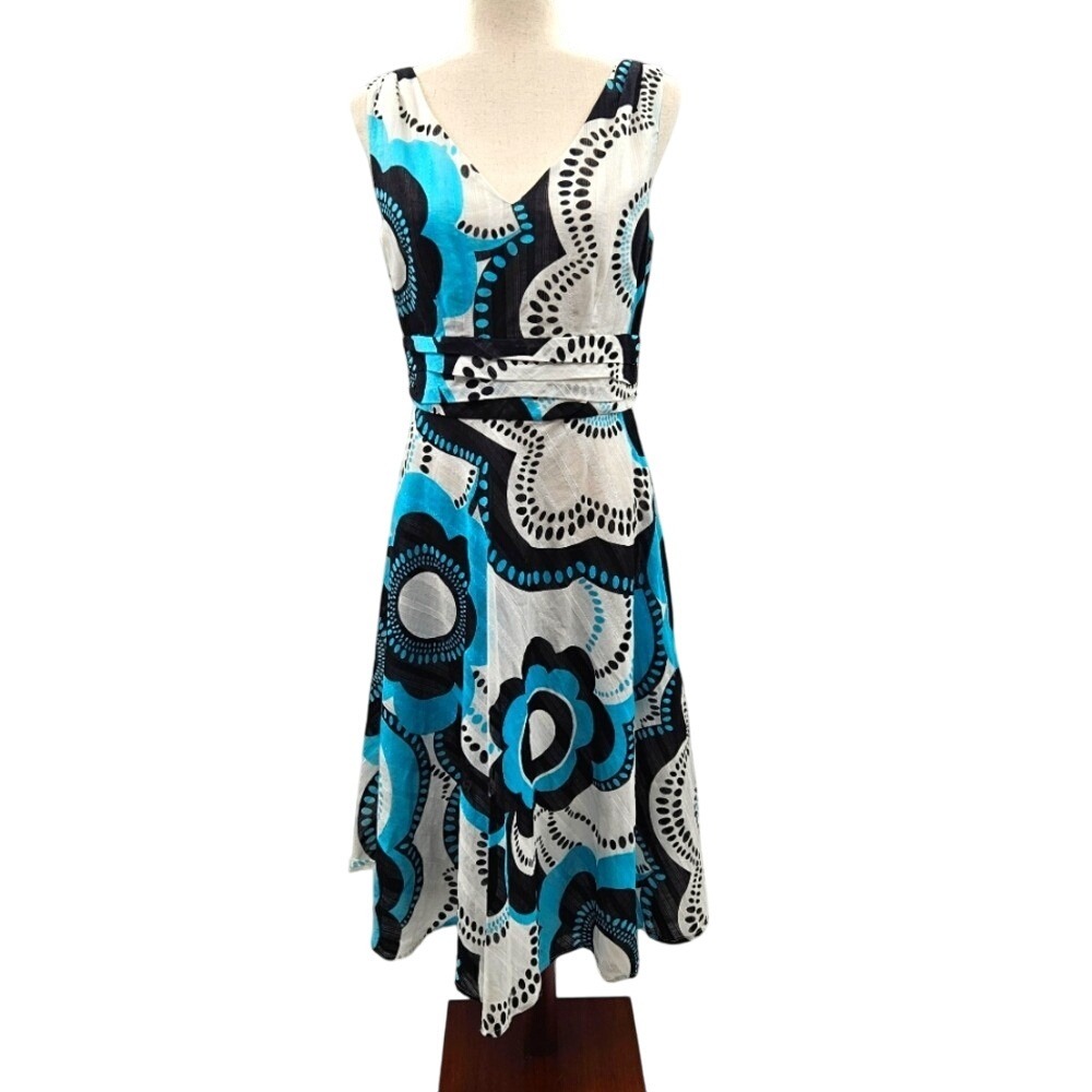 Robbie Bee Womens Blue Black Floral Cotton Fit Flare Dress V-Neck Size 6